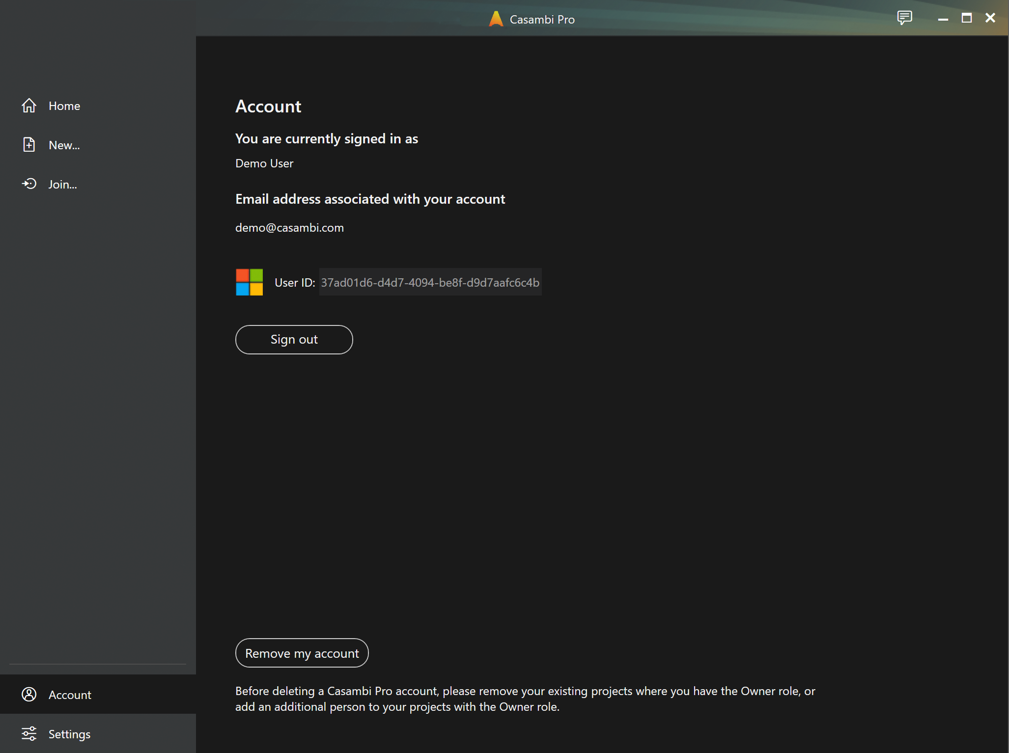 Account view in Casambi Pro for Windows after sign in