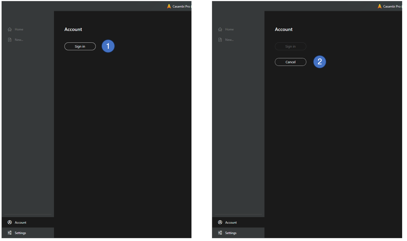 Account view in Casambi Pro for Windows before sign in