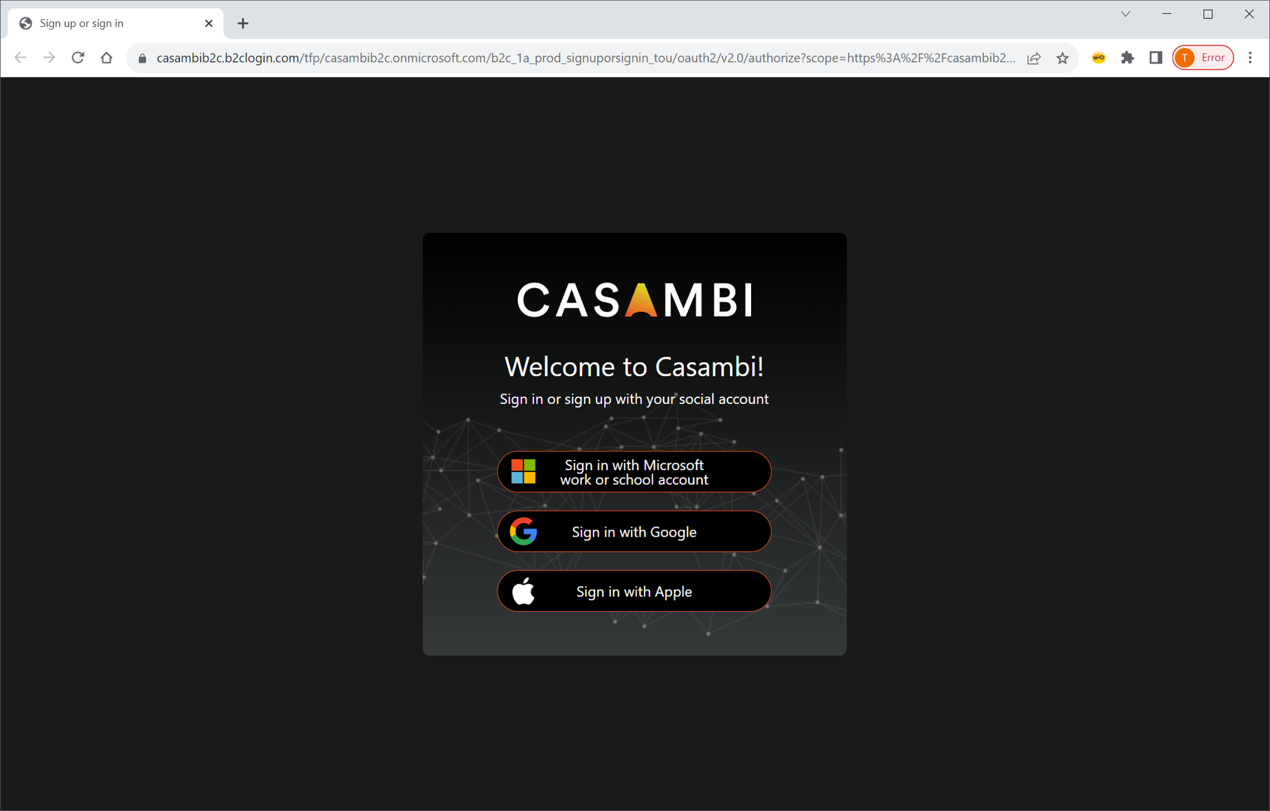 Sign in or sign up screen for Casambi Pro