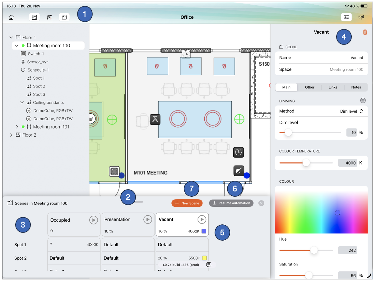 Scene table in Casambi Pro for iOS