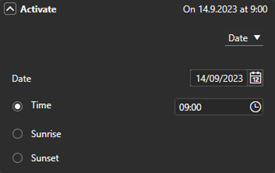 Schedule activation and deactivation settings Date