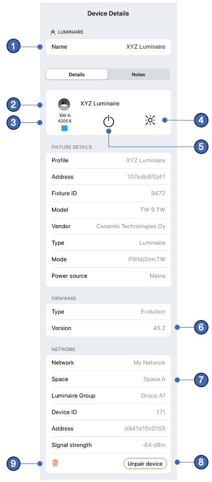 Luminaire properties on iPad