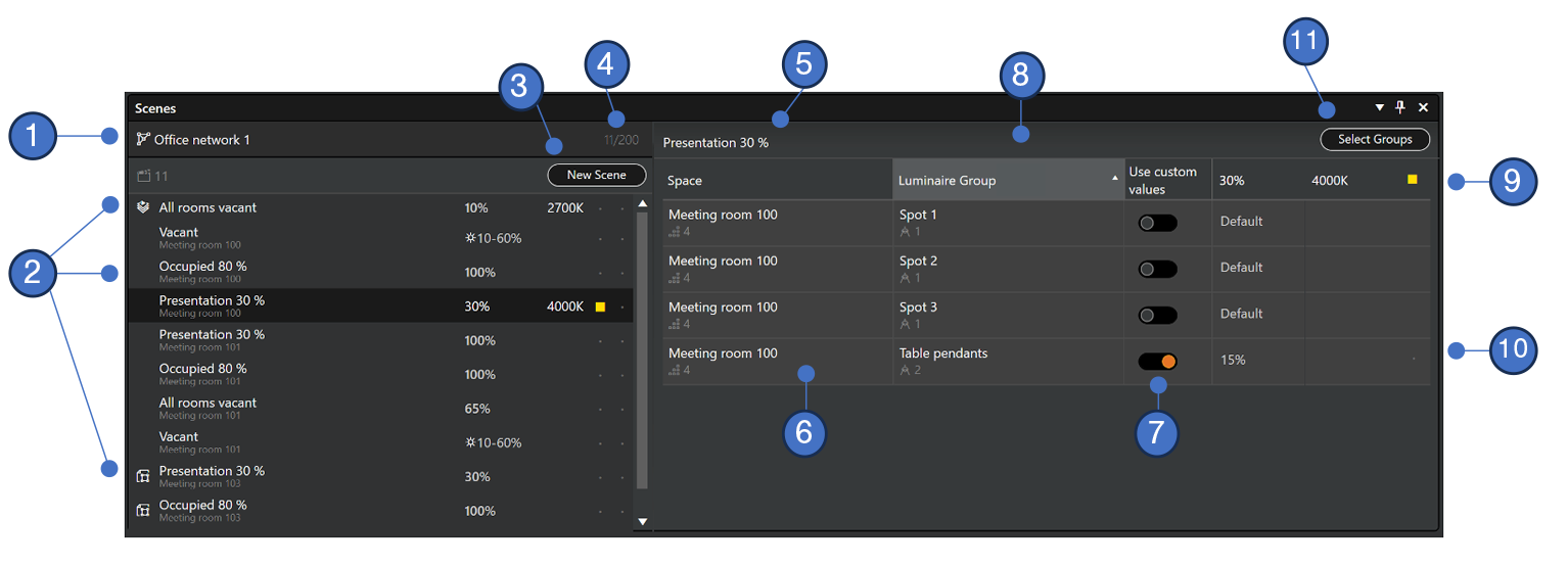 The Scenes pane in Casambi Pro for Windows